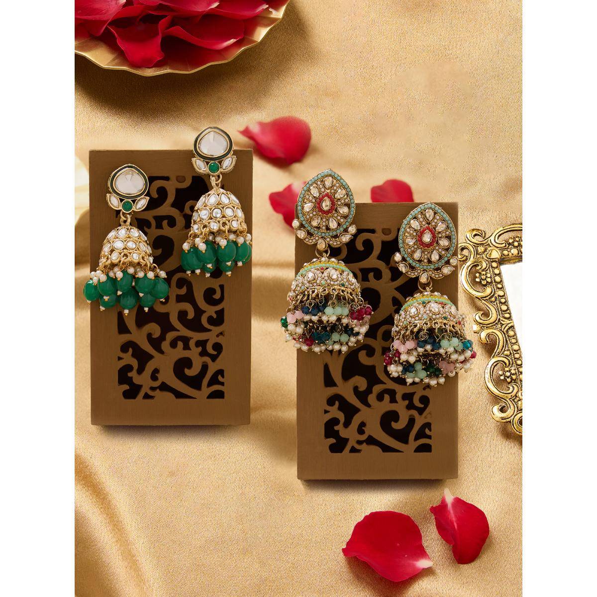 Zaveri Pearls Multicolour Stones Clustered Beads Jhumka Earrings (Pack of 2)