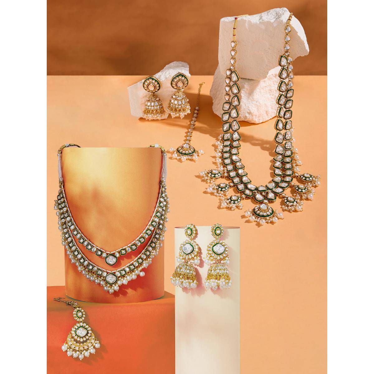 Zaveri Pearls Green and White Meenakari Necklaces Earrings with Maan tikkas (Pack of 2)