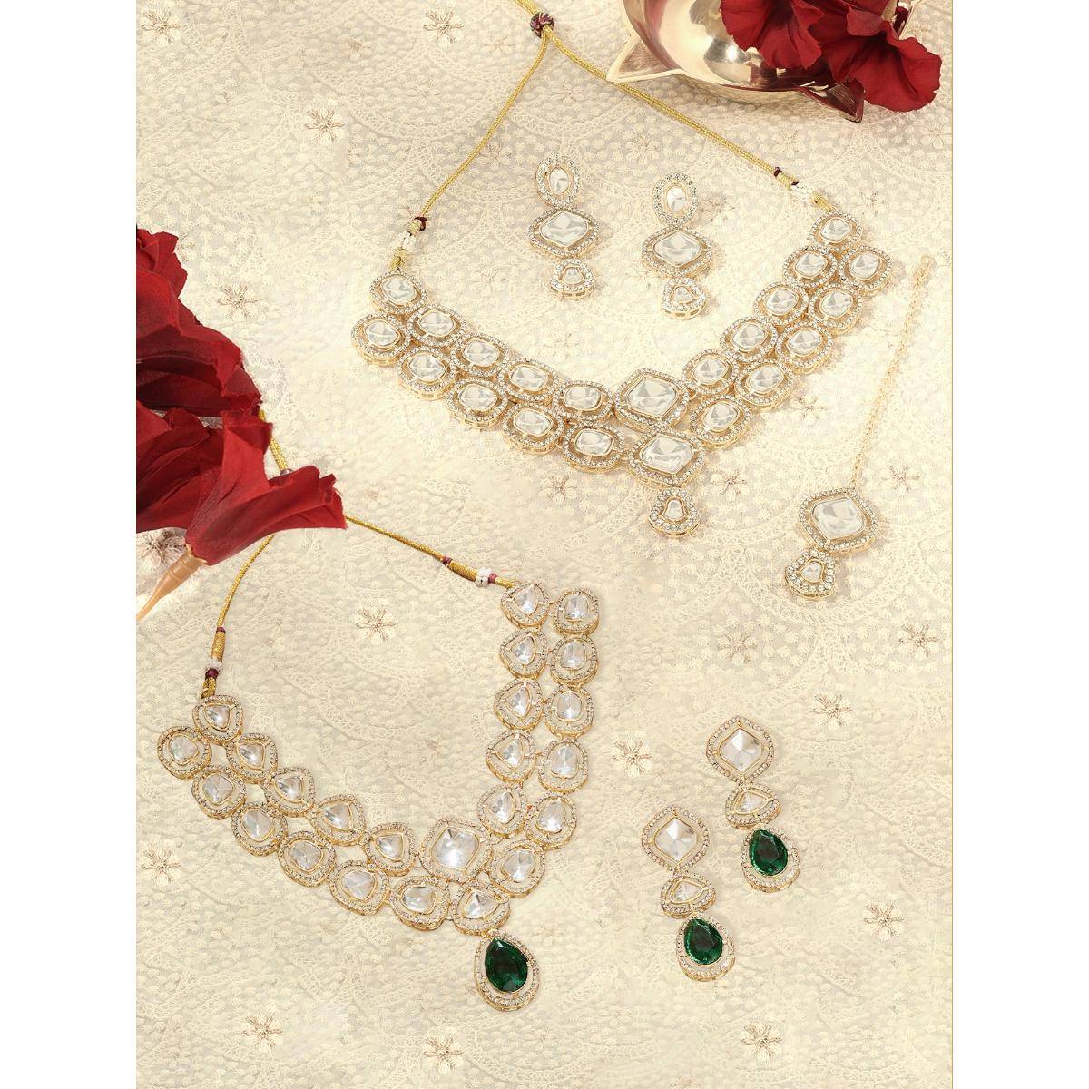 Zaveri Pearls Green and White Stones Necklace Earring with Maan tikka (Pack of 2)