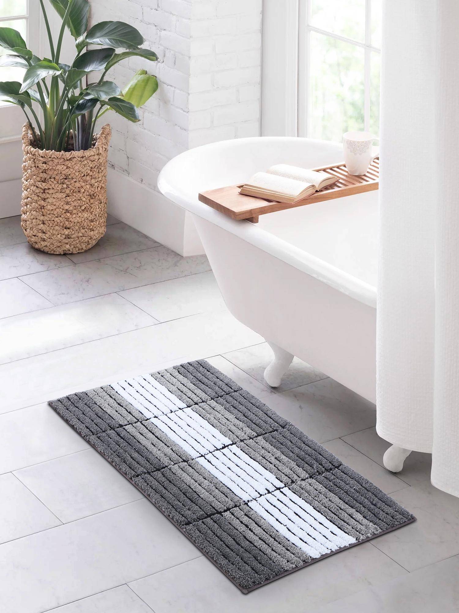 OBSESSIONS Polyester Anti-Skid Stripes Bath Mat - Charcoal