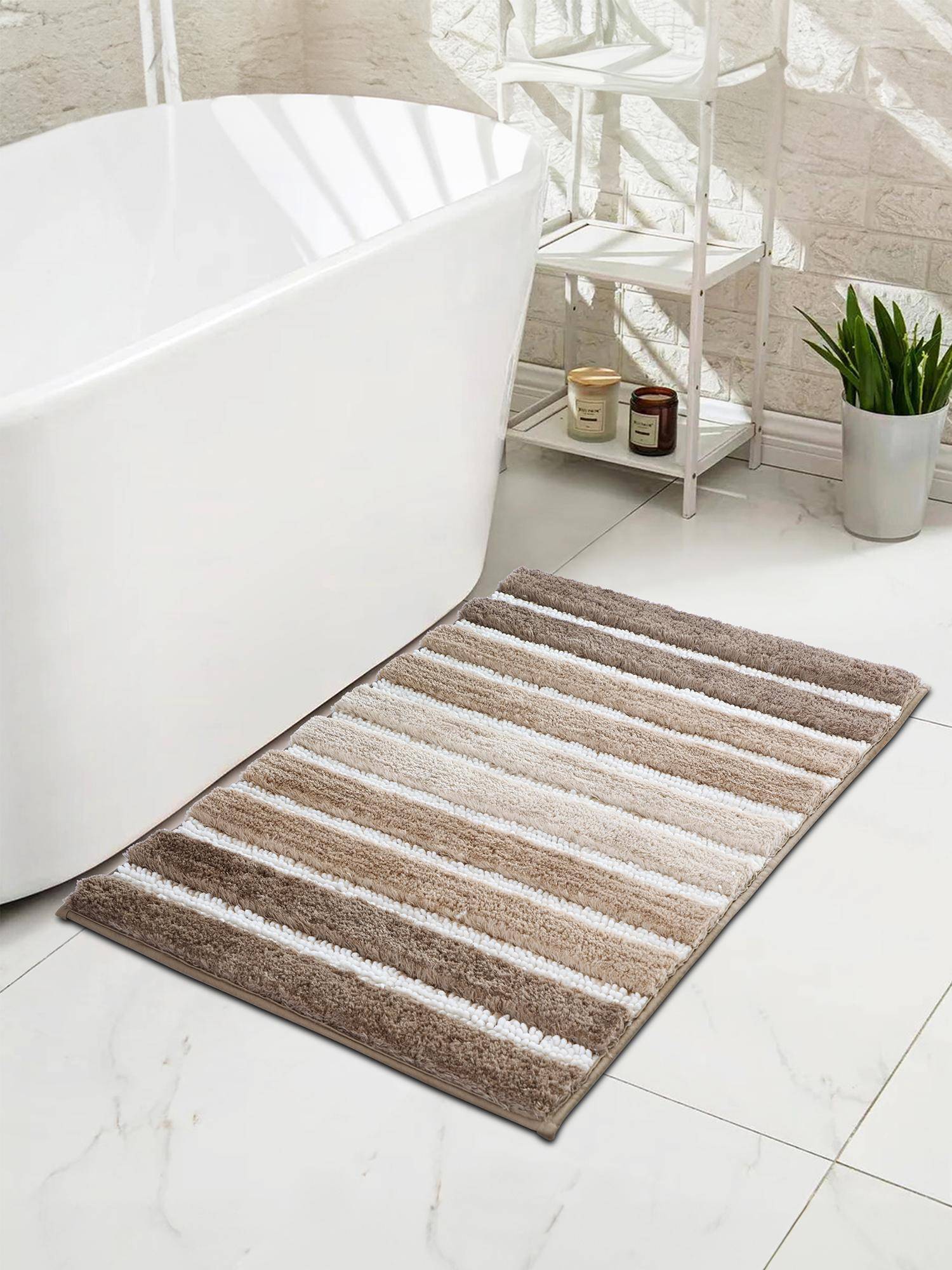 OBSESSIONS Polyester Anti-Skid Stripes Bath Mat - Beige