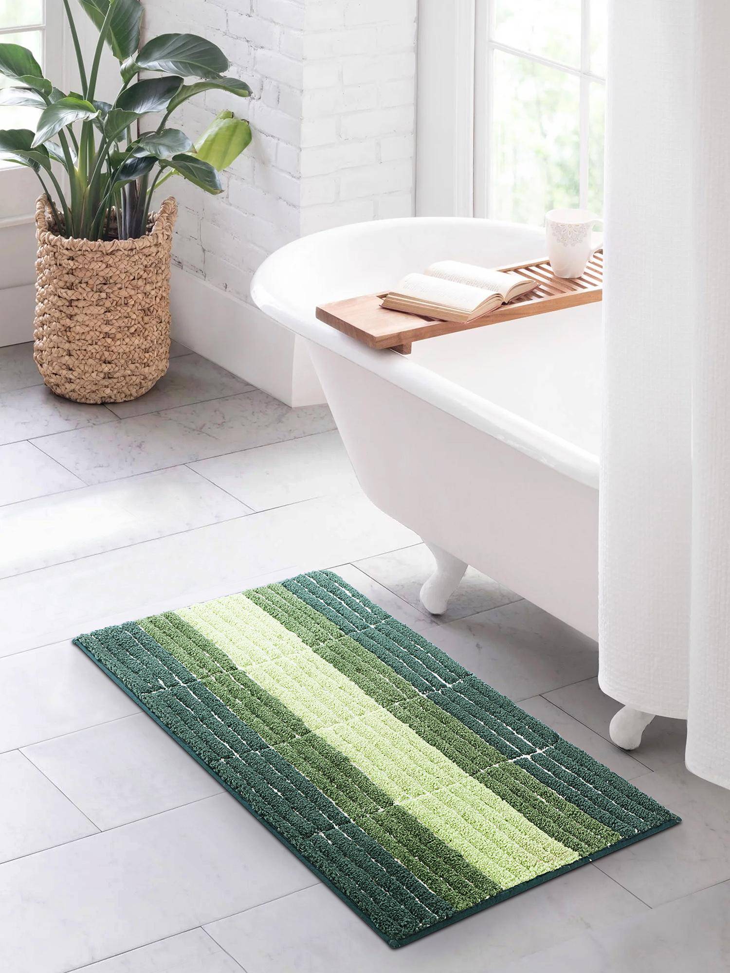 OBSESSIONS Polyester Anti-Skid Stripes Bath Mat - Green