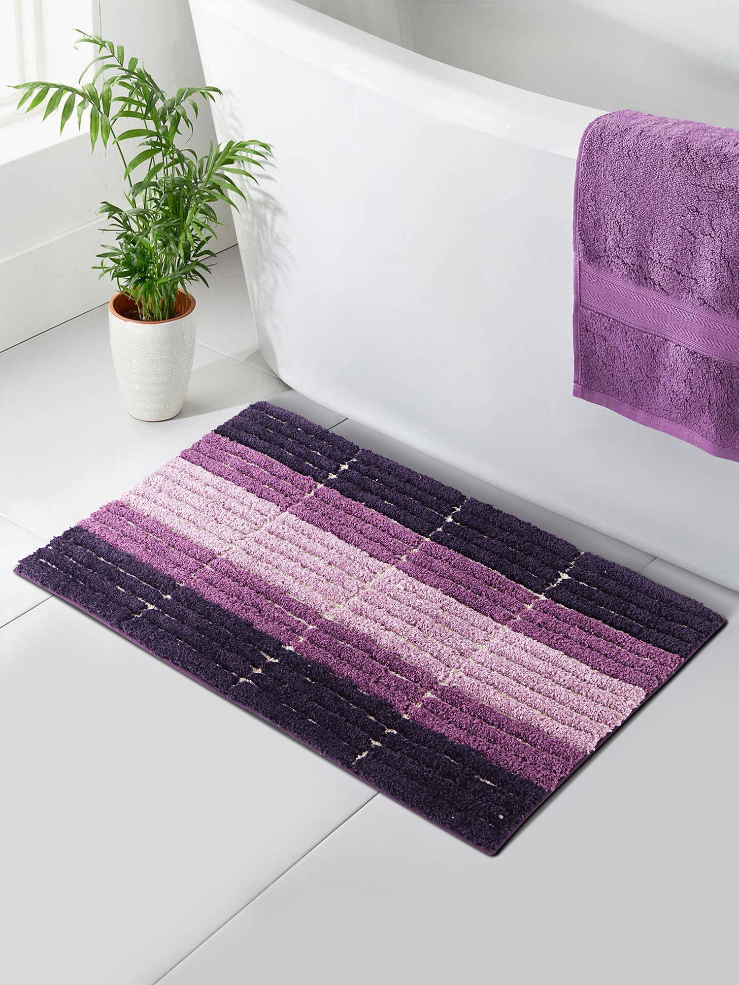 OBSESSIONS Polyester Anti-Skid Stripes Bath Mat - Purple