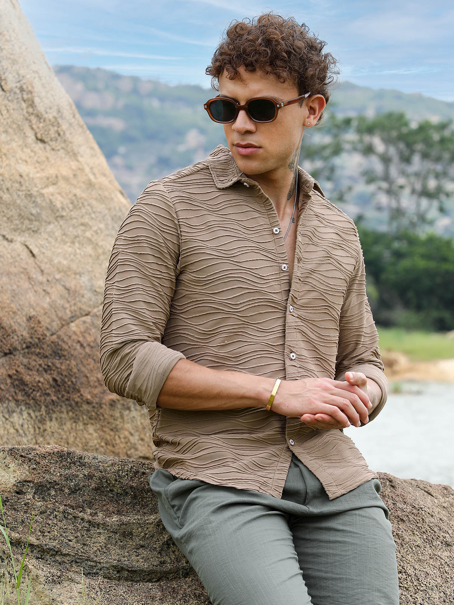 Buy Campus Sutra Mens Mocha Brown Self-Design Wave Shirt Online
