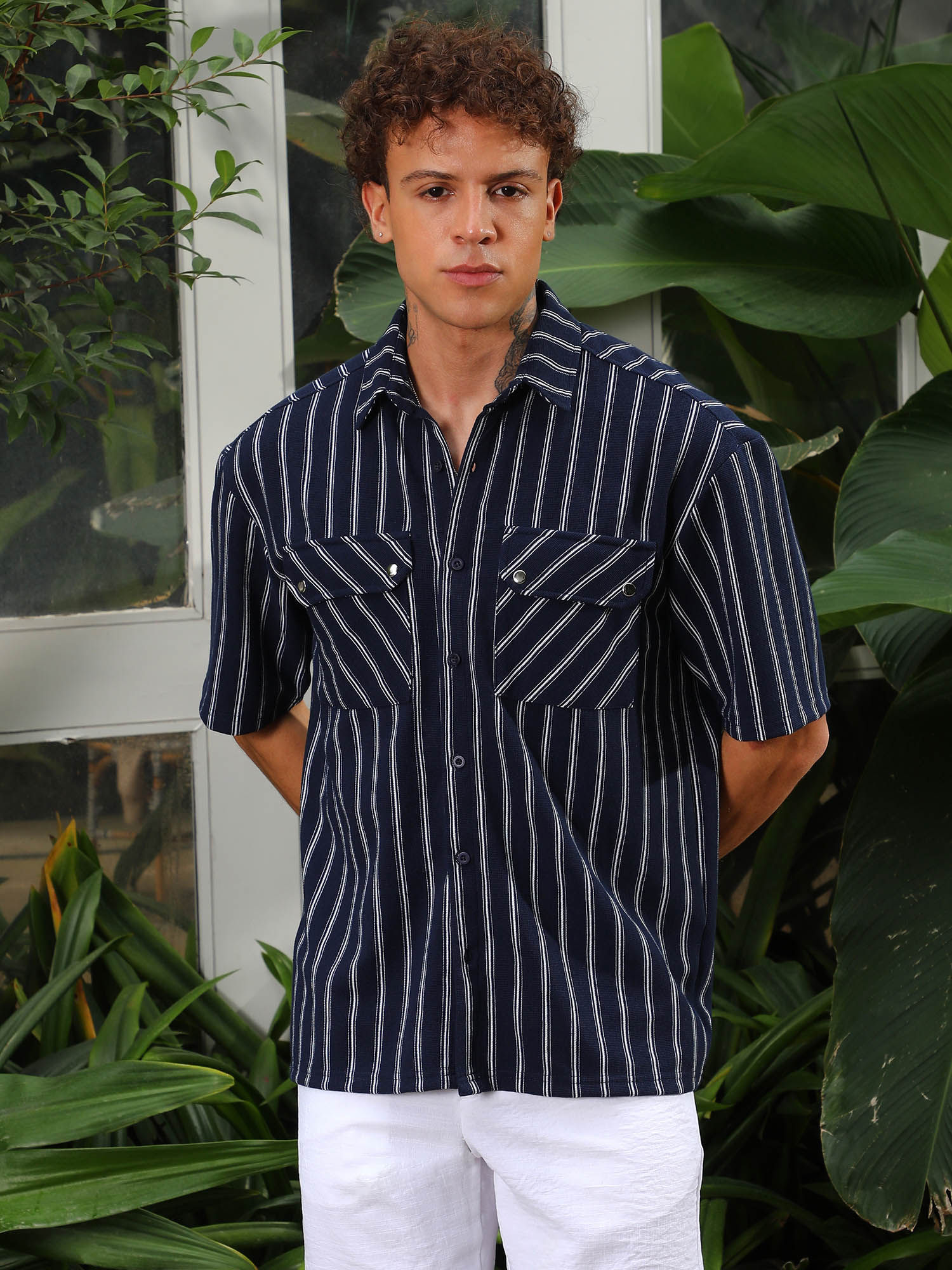 Buy CAHOOT Mens Navy Blue Utility Halo-Stripe Oversized Shirt Online
