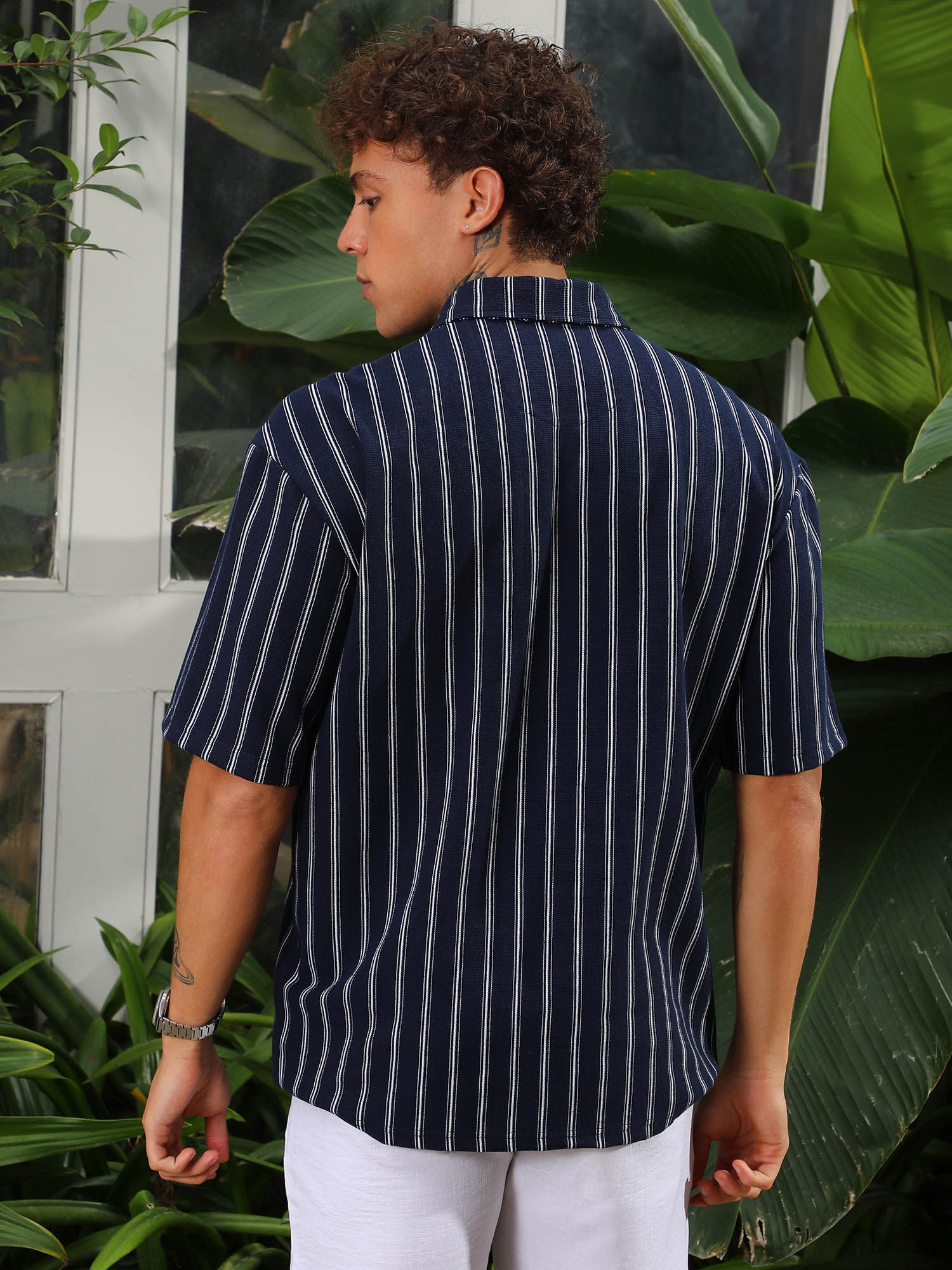Buy CAHOOT Mens Navy Blue Utility Halo-Stripe Oversized Shirt Online