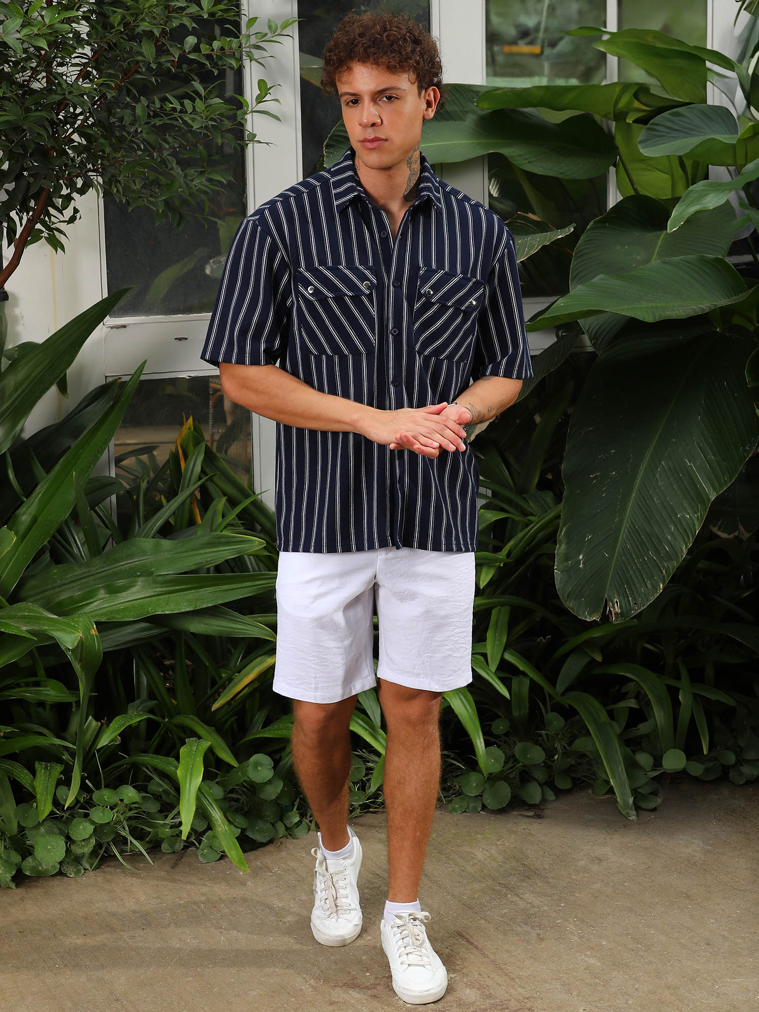 Buy CAHOOT Mens Navy Blue Utility Halo-Stripe Oversized Shirt Online