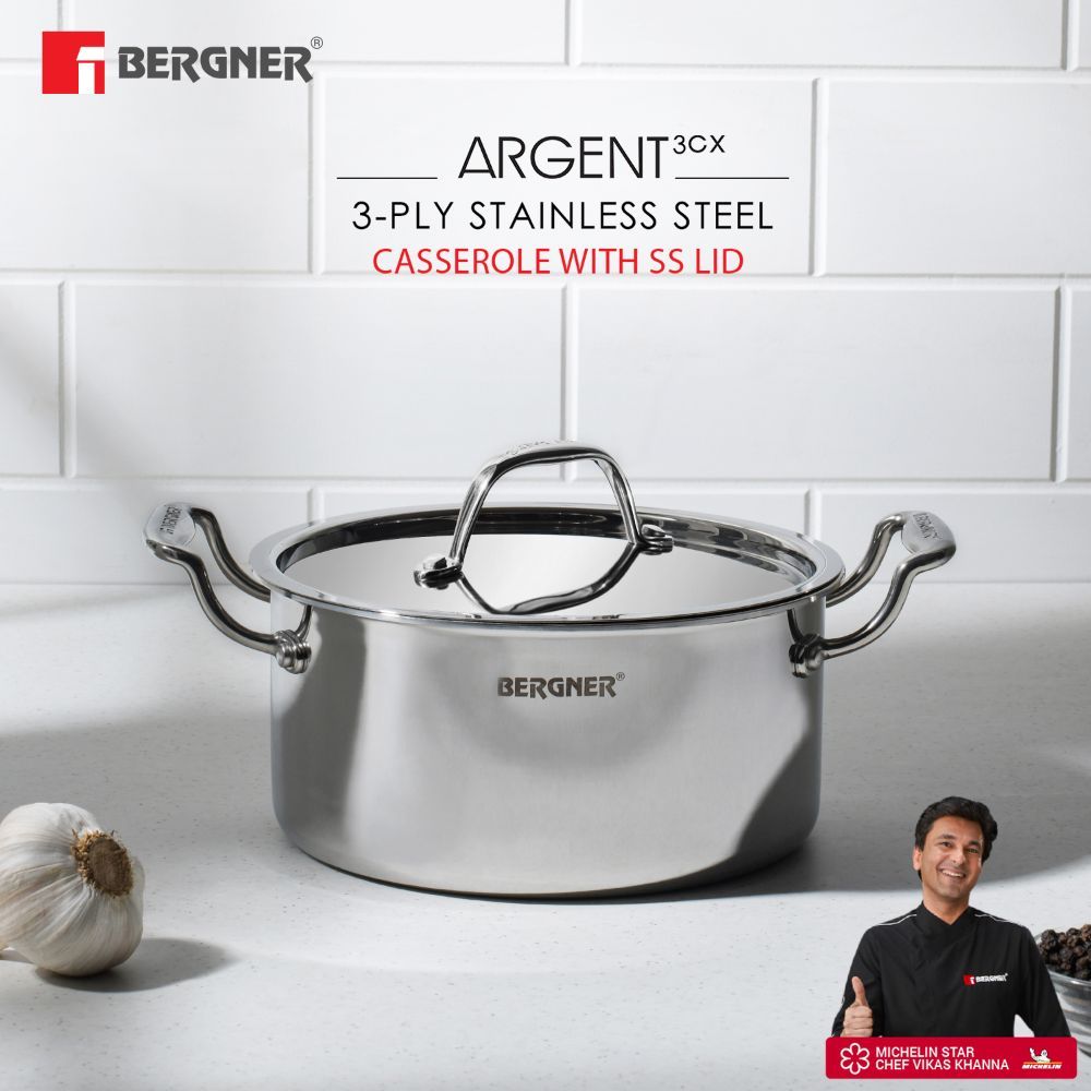 Buy Bergner Argent Triply Stainless Steel Casserole With Lid, 22 Cm