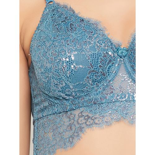 Buy Clovia Lace Solid Non-padded Full Cup Underwired Bralette Bra - Blue  Online
