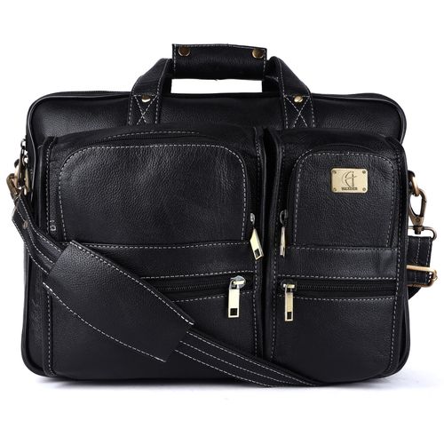 HiLEDER Pure Genuine Leather Unisex 15 Inch Briefcase Laptop Messenger Bag-  Black