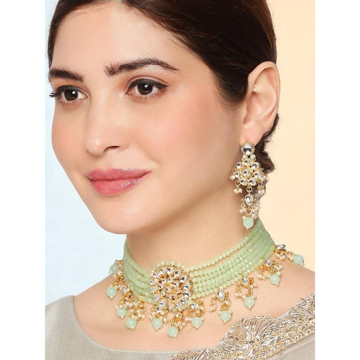 Green Bead Kundan Ethnic Choker Necklace Set with Matching Earrings