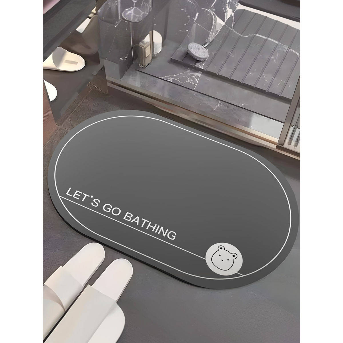 UMAI Oval Let'S Go Bathing Bathmat Soft Anti Skid Non-Slip, Grey