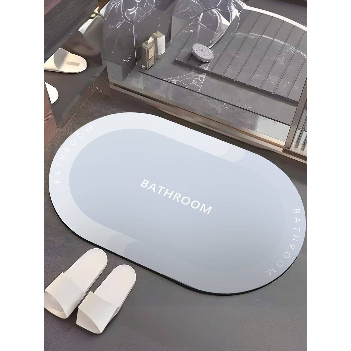 UMAI Oval Anti Skid Bath Mat Light Grey Print