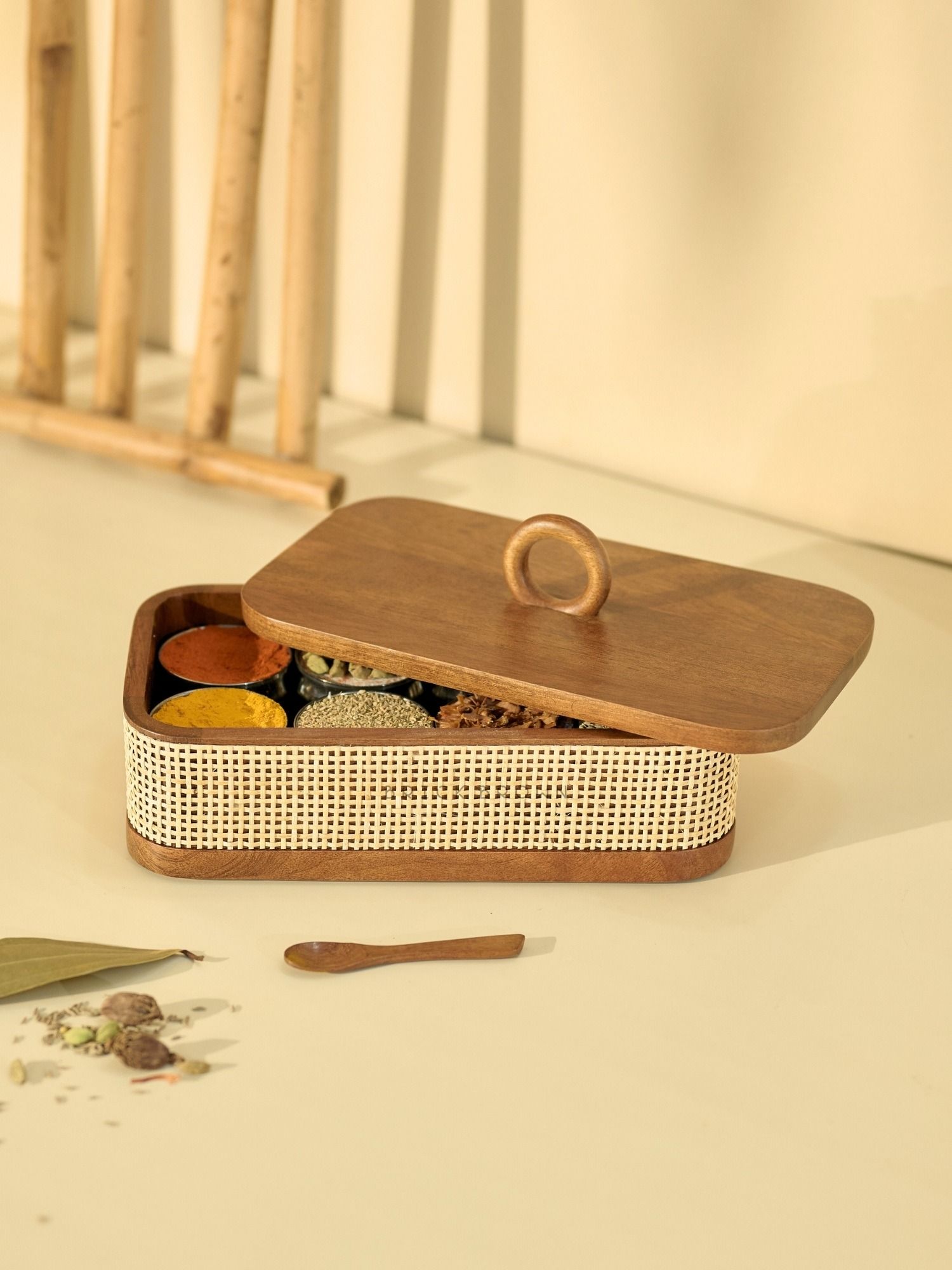 Buy Brick Brown Tresso Masala Box for Kitchen Handcrafted Rattan