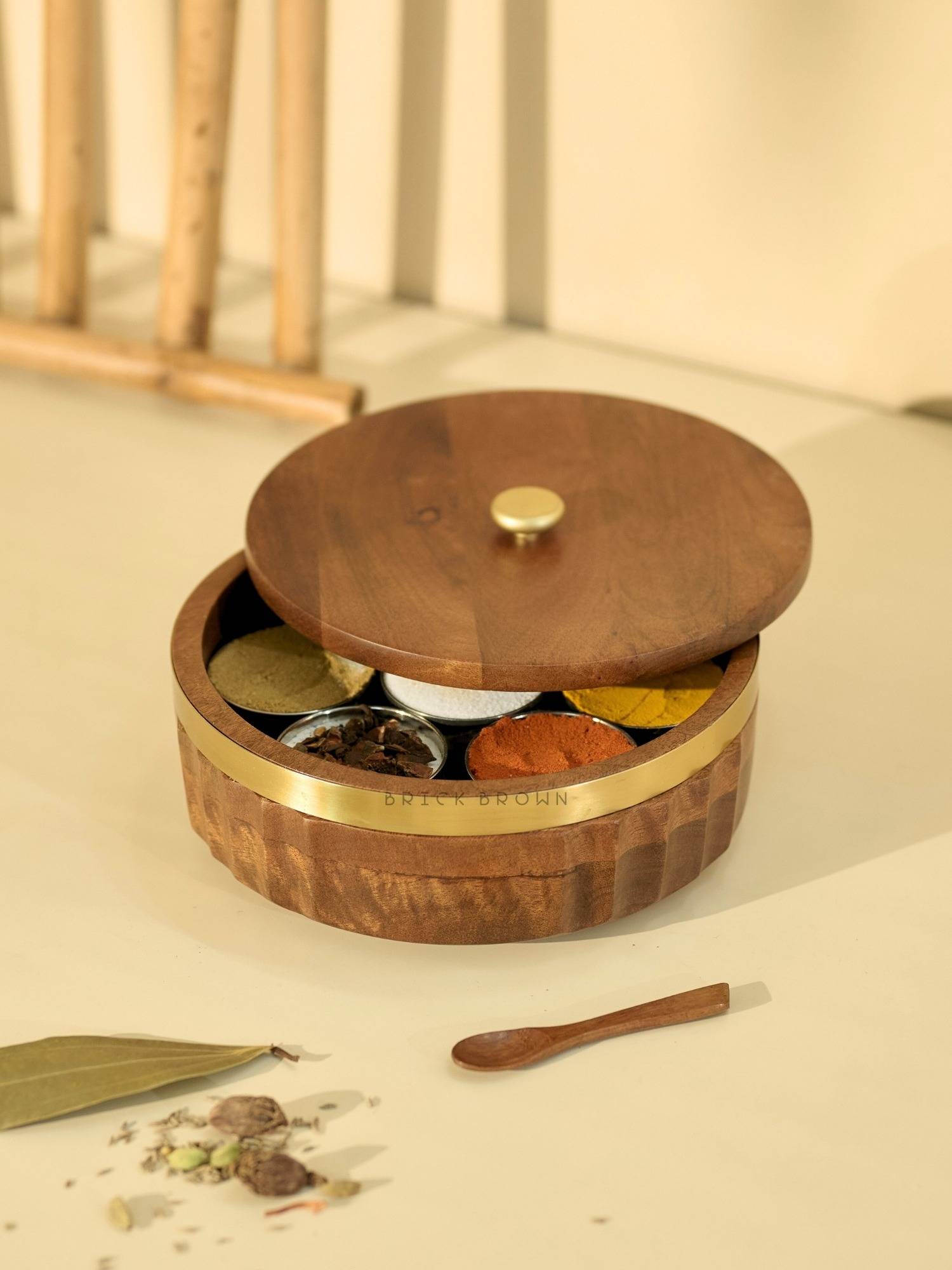 Brick Brown Zari Wooden Masala Box with Lid & Gold Band 7 Steel Containers & Wooden Spoon