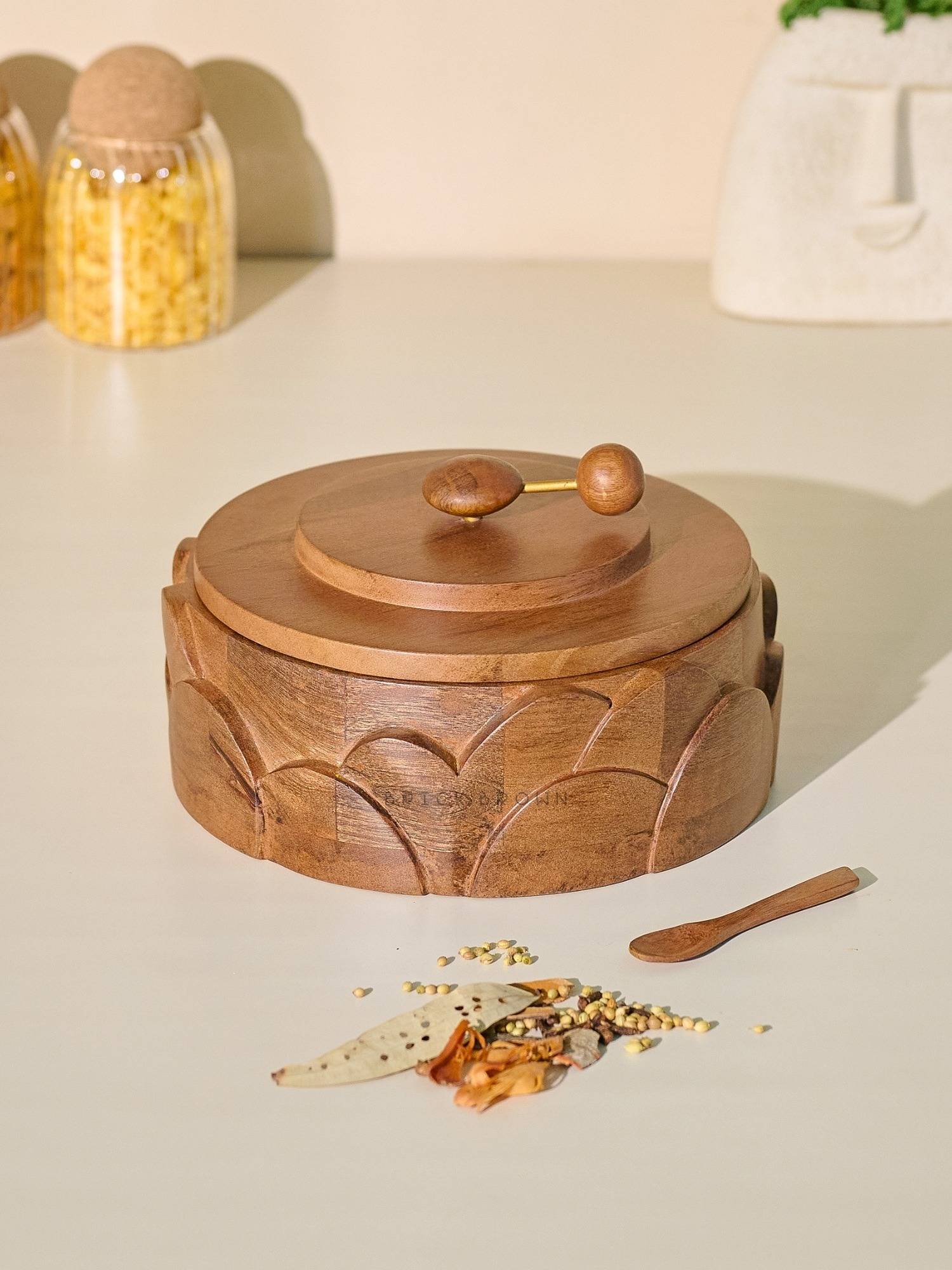 Brick Brown Dial Masala Box with Lid Spice Box with 7 Stainless Steel Containers & Wooden Spoon
