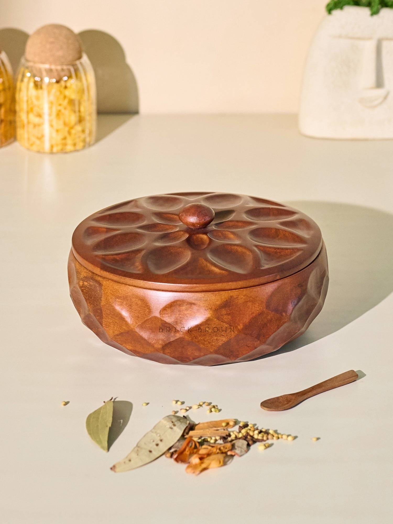Brick Brown Saku Masala Box with Lid Spice Box with 7 Stainless Steel Containers & Wooden Spoon