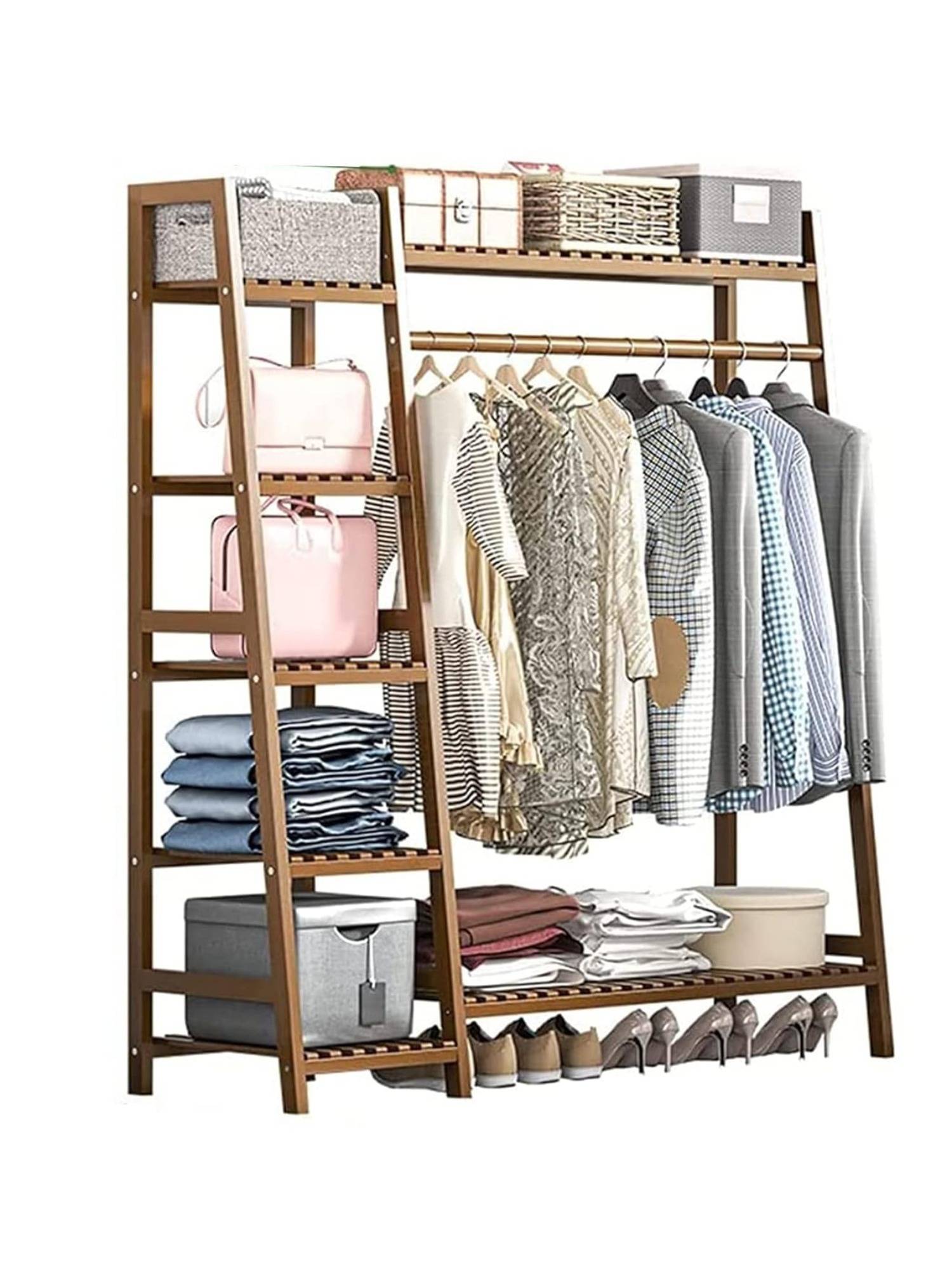 House of Quirk Tan Bamboo Wood Garment Rack Clothing Rack with 5 Tiers Storage Shelf Corner