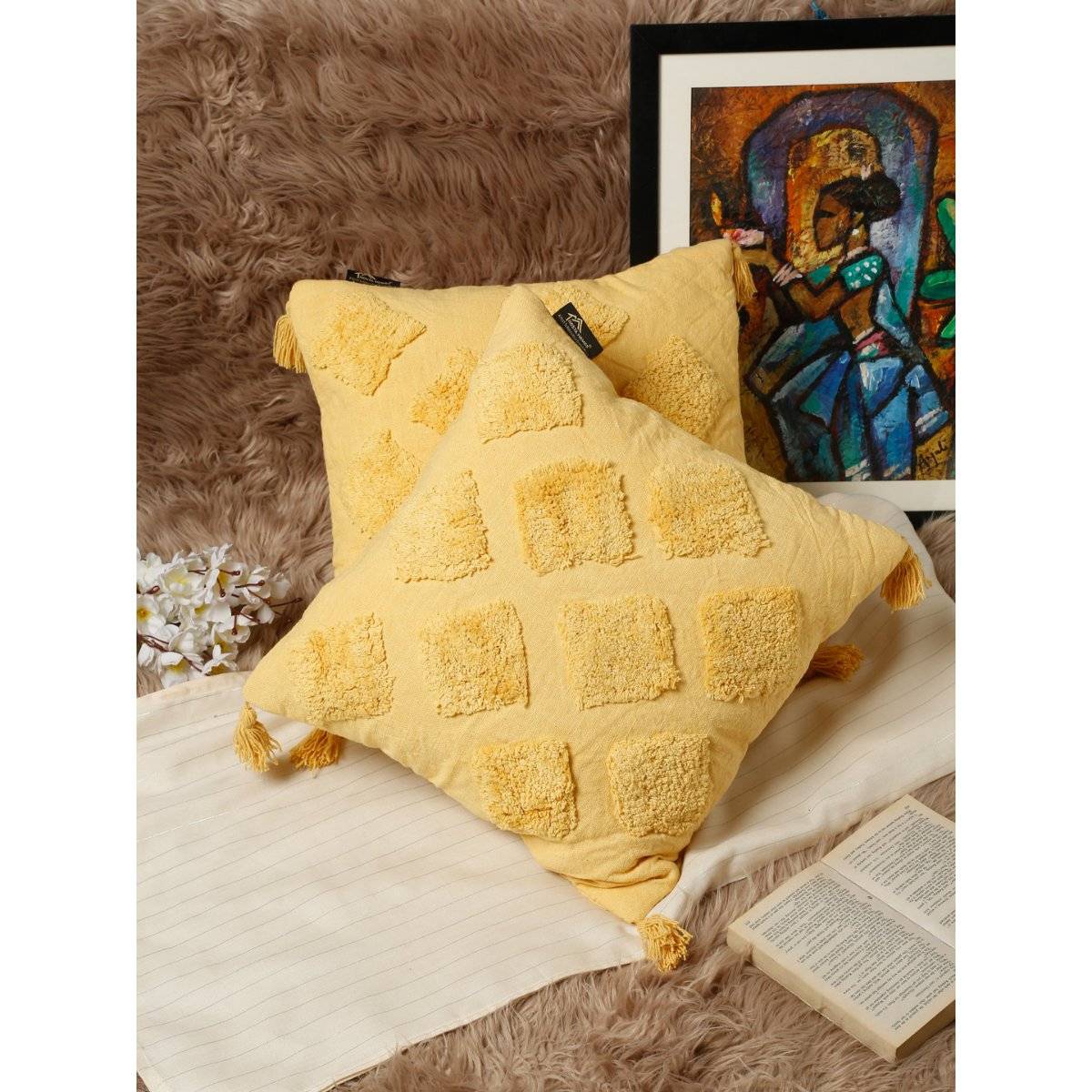 HOSTA HOMES Pure Cotton Hand Tufted Cushion Covers Pack of 2 Yellow (16x16 inches)