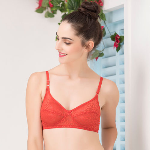 Buy Clovia Lace Solid Non-Padded Full Cup Wire Free Everyday Bra - Light  Red Online