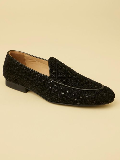 Manyavar Coal Black Sequinned Loafer Style Mens Ethnic Shoes