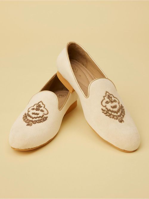 Manyavar Cream Jasmine White Diamond Patterned Loafer Style Mens Ethnic  Shoes