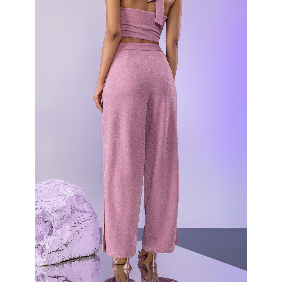 Twenty Dresses by Nykaa Fashion Trousers and Pants  Buy Twenty Dresses by  Nykaa Fashion Curve Light Pink Side Slit Shimmer Flared Pants Online   Nykaa Fashion