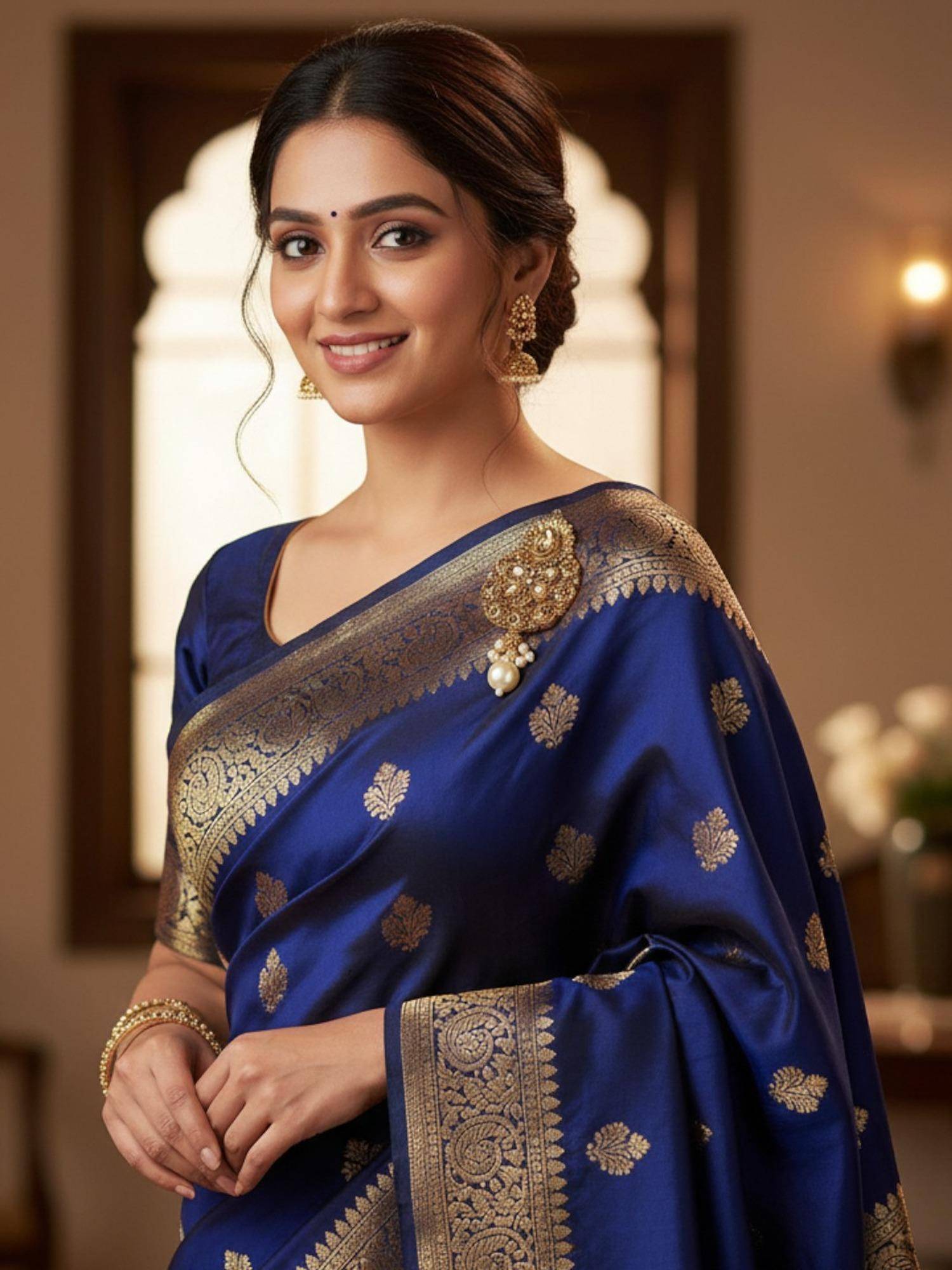 Accessher Gold-Plated Floral Teardrop Saree Brooch Pin