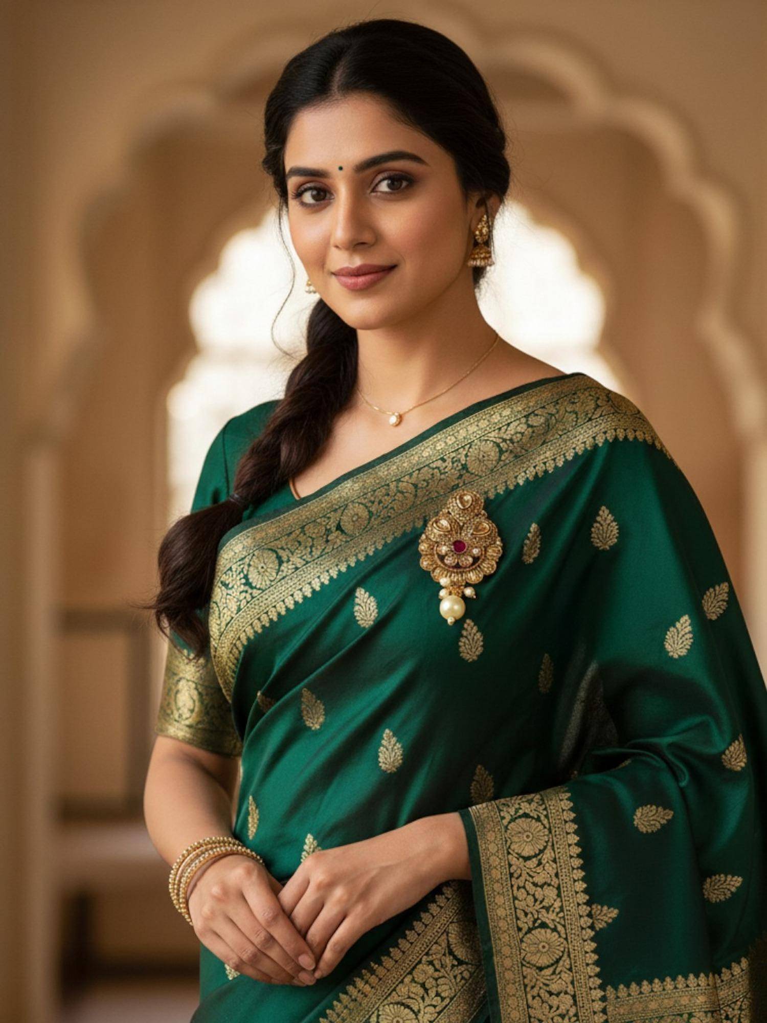 Accessher Gold-Plated Kundan Saree Brooch Pin