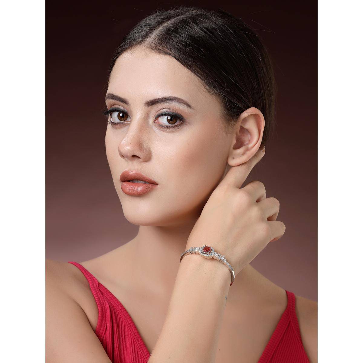 ZENEME Rhodium Plated Ruby Red Stone and White Bangle-Style Bracelet