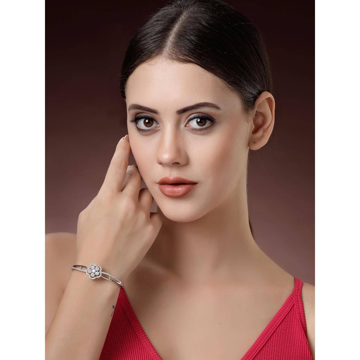 ZENEME Rhodium Plated Brass White Stone Ember Beauty Bangle Style Bracelet