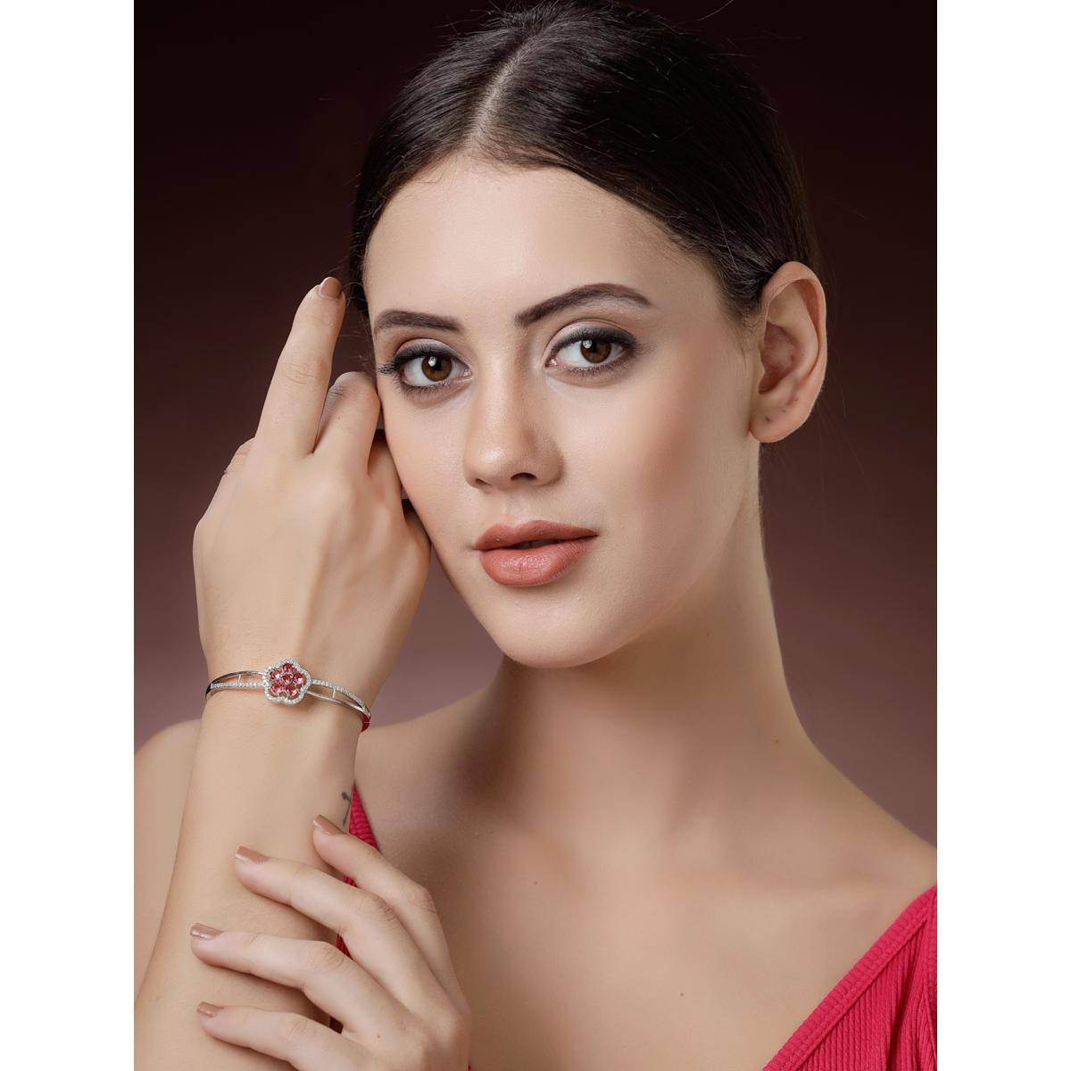 ZENEME Rhodium Plated Brass Ruby Red Stone Ember Beauty Bangle Style Bracelet