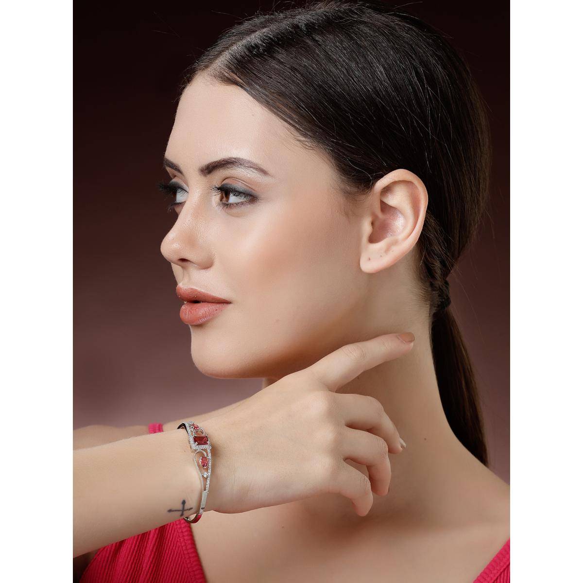 ZENEME Rhodium Plated Brass Red Stone Garnet Glow Bangle Style Bracelet