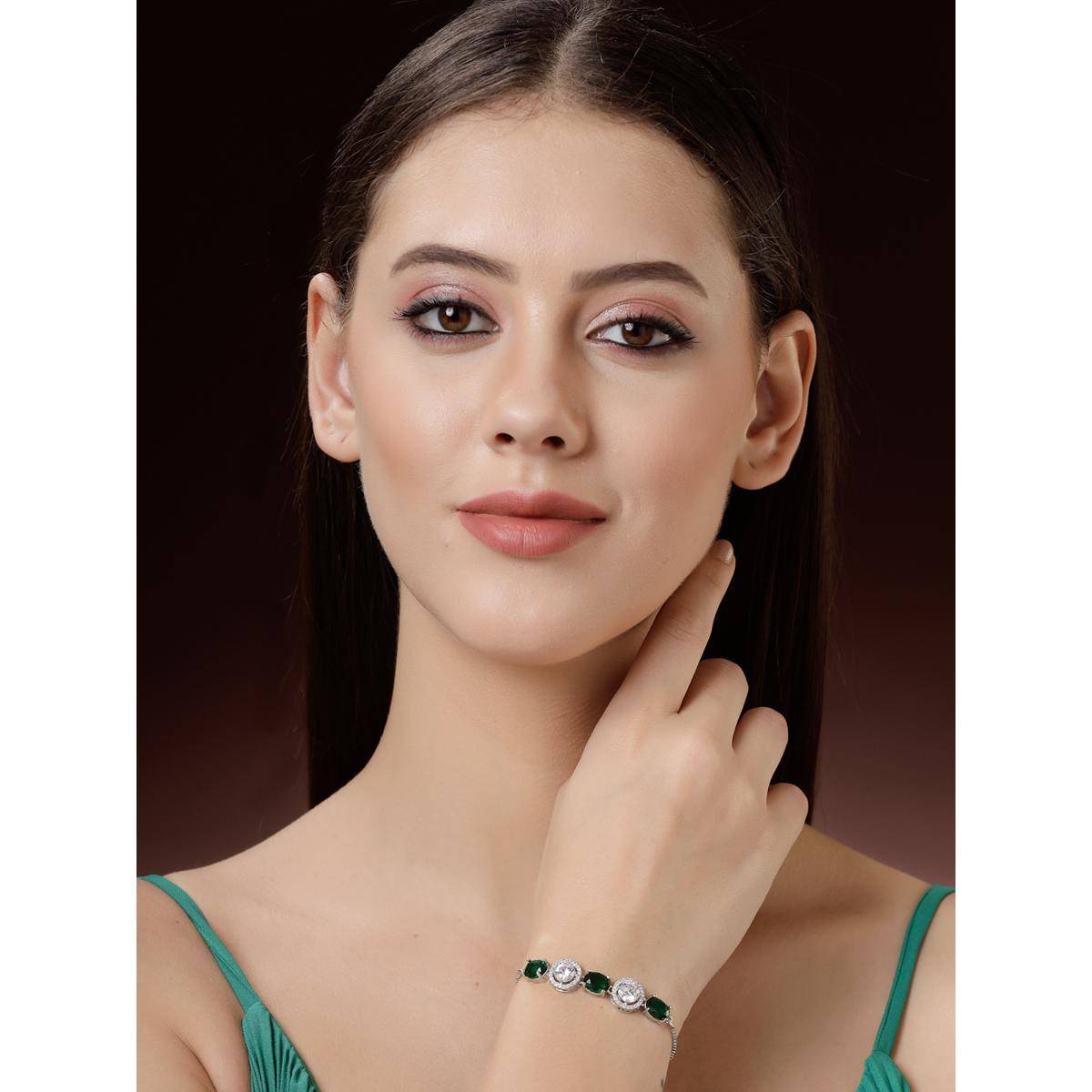 ZENEME Rhodium Plated Green Stone and White Crystal Studded Melodic Bracelet