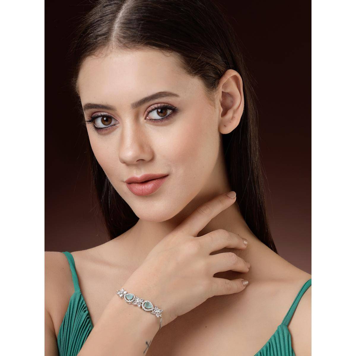 ZENEME Rhodium Plated Aqua and White Crystal Studded Trinket Detailing Bracelet