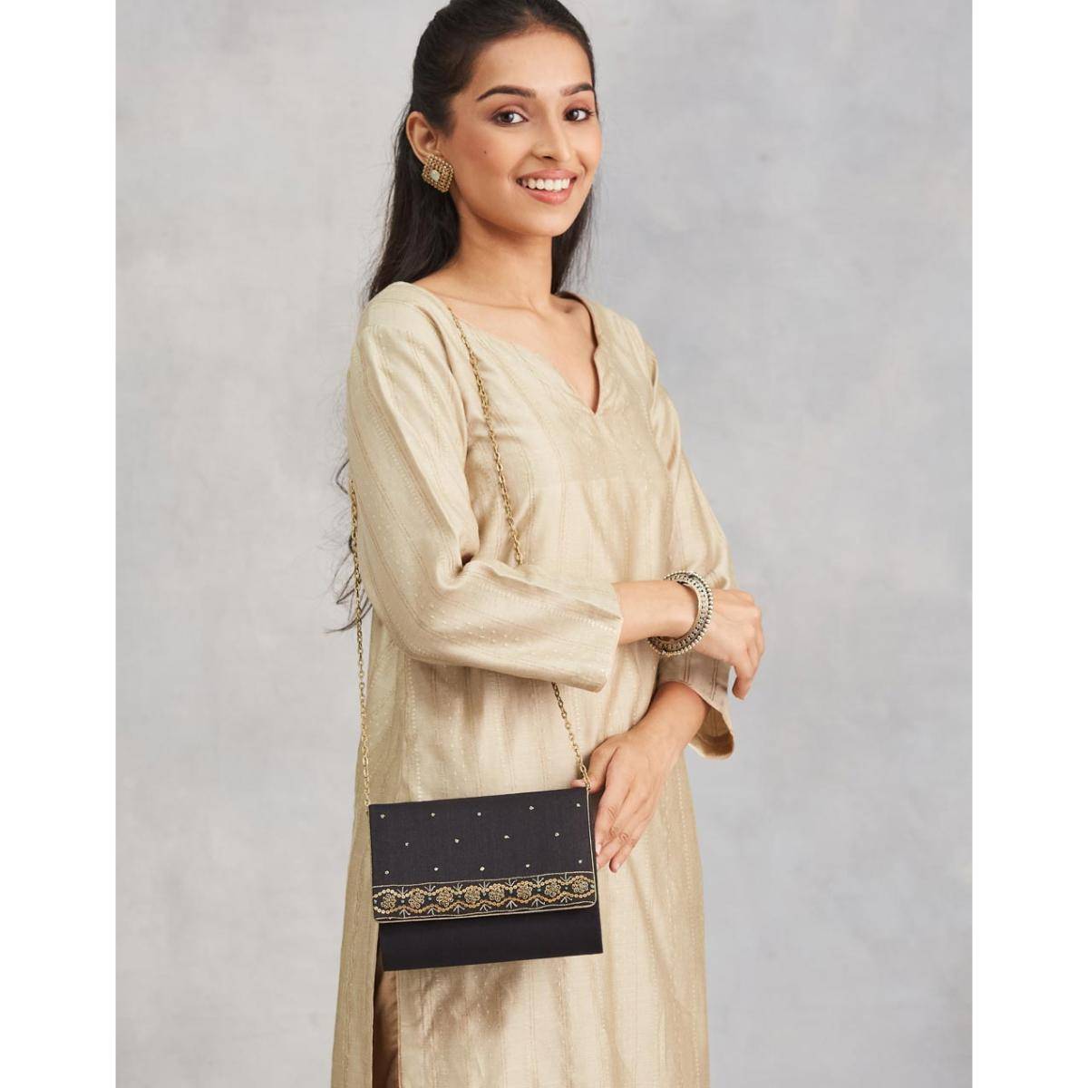 Fabindia Black Silk Blend Sequined Clutch (S)
