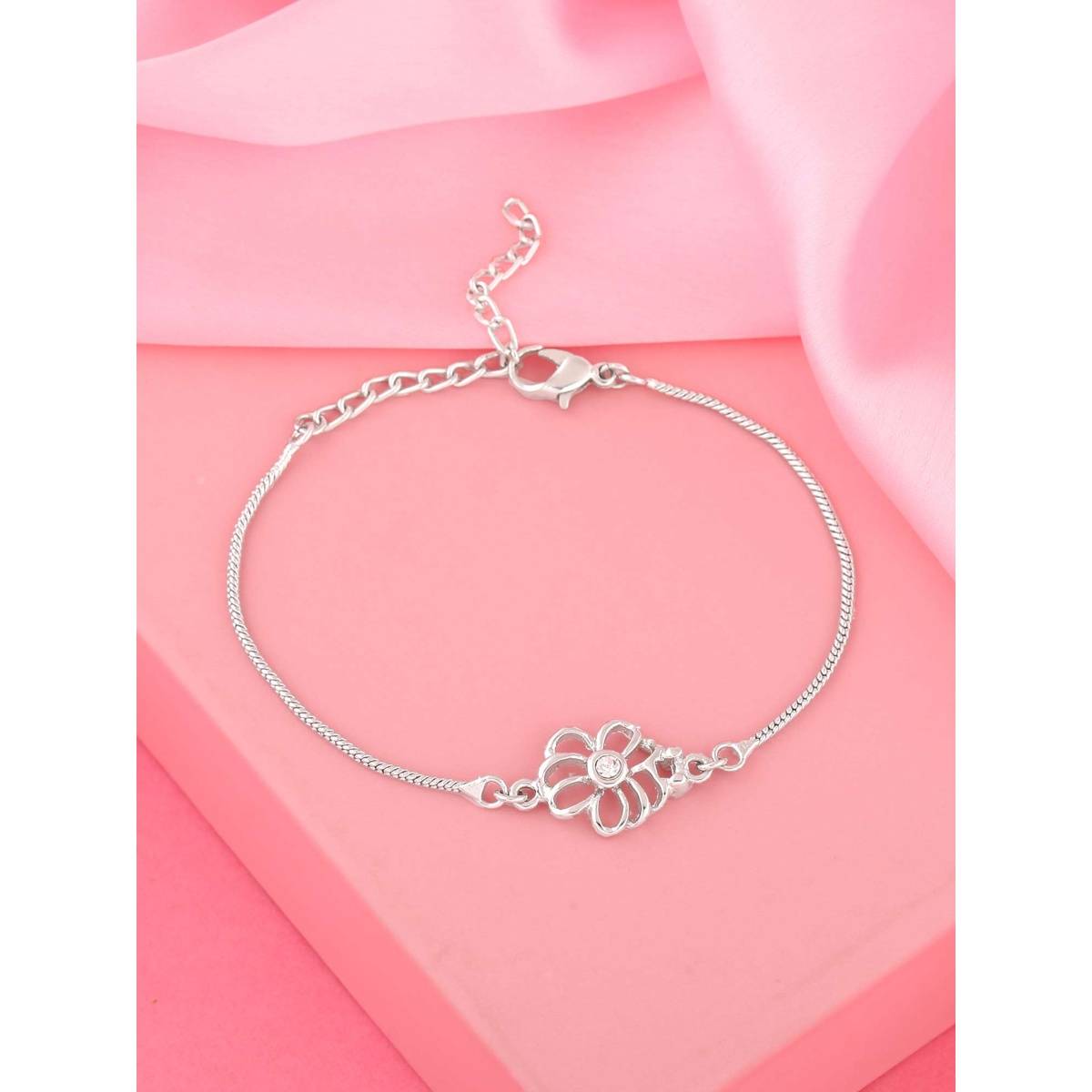 Estele Rhodium Plated Jali Work Floral Bracelet with Austrian Crystals for Women