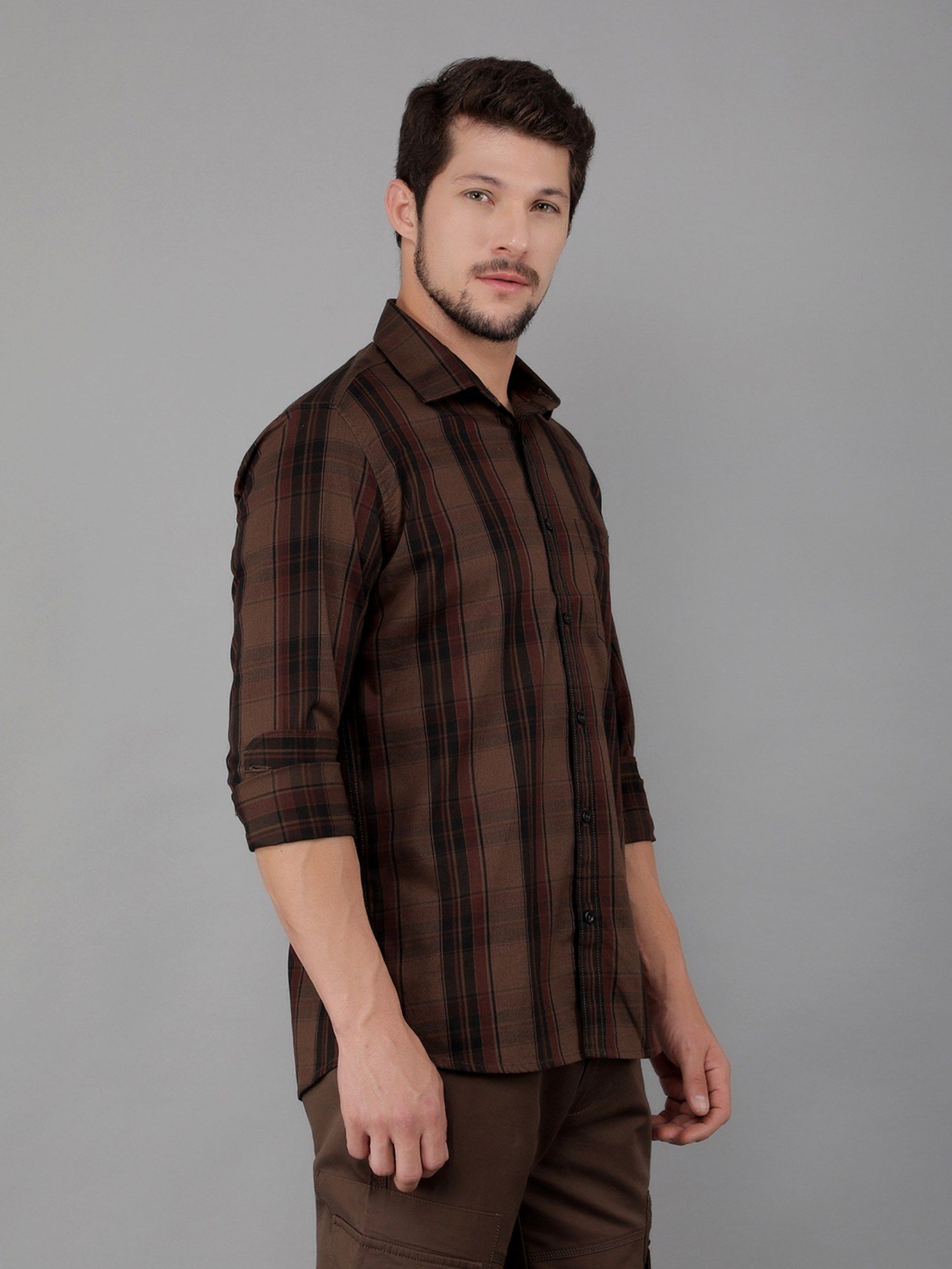 Buy CRIMSOUNE CLUB Men Brown Cotton Checked Shirt Online