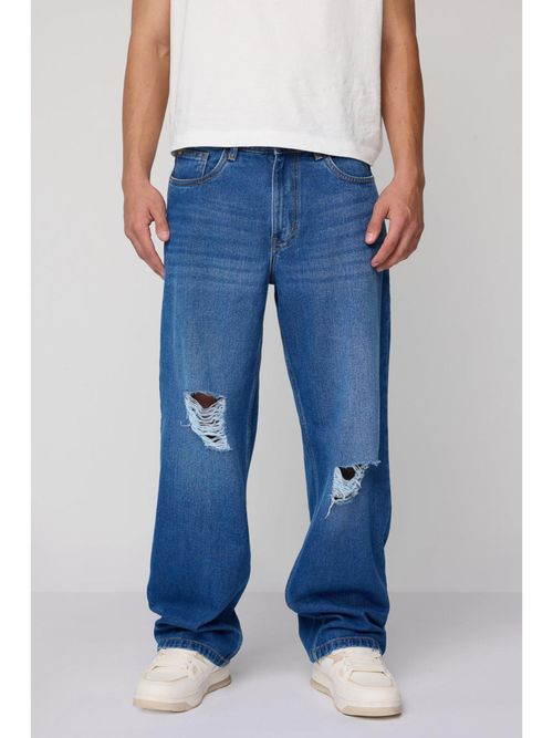 FREAKINS Men's Urban Distressed Wide Fit Denim Jeans