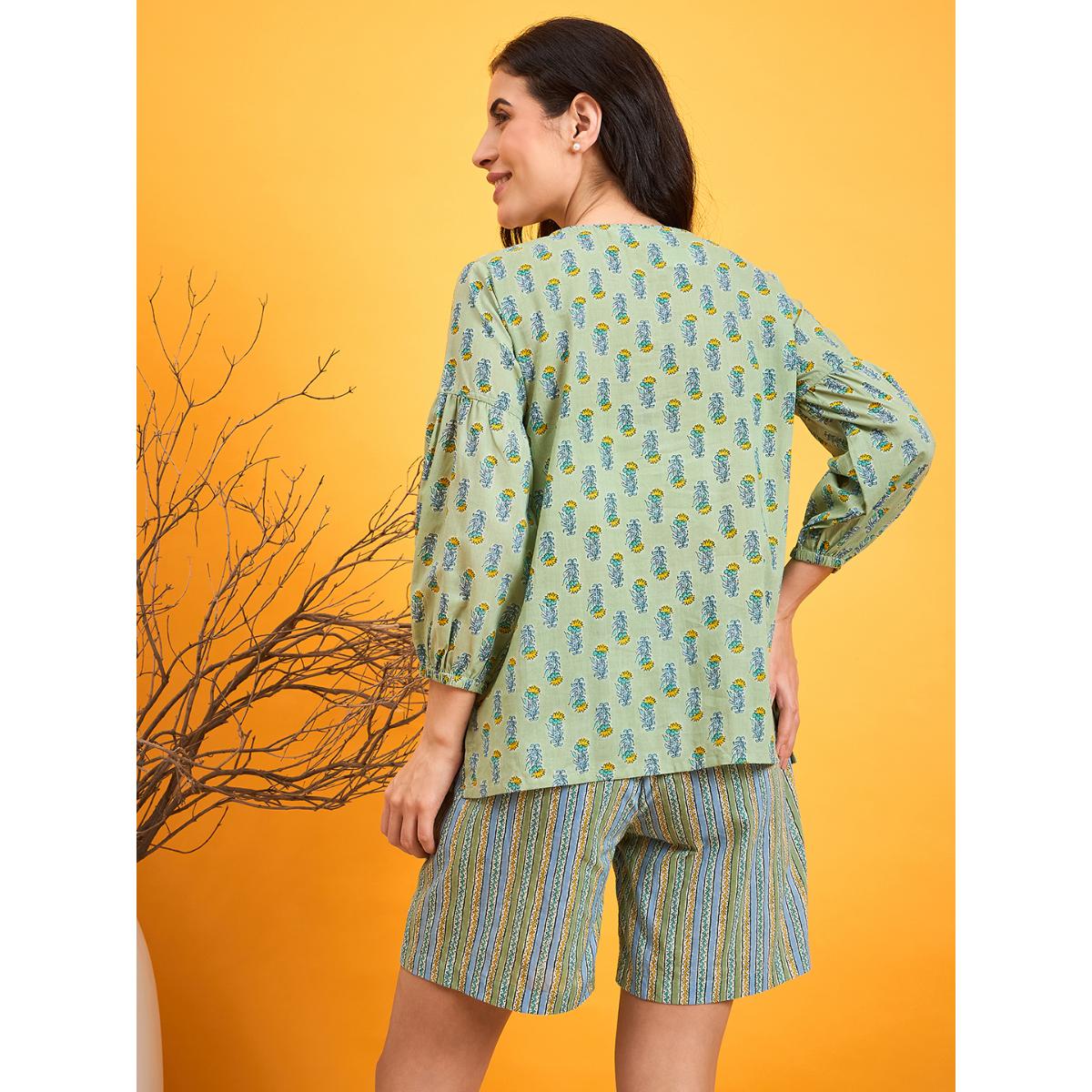 Buy The Kaftan Company Green Cotton Block Printed Shorts and Top (Set