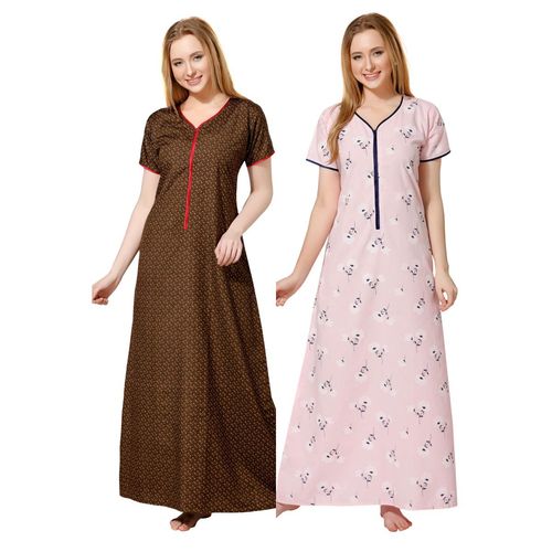 PIU Womens Premium Cotton Front Zipper Nighty Multi-Color (Pack of 2) (M)