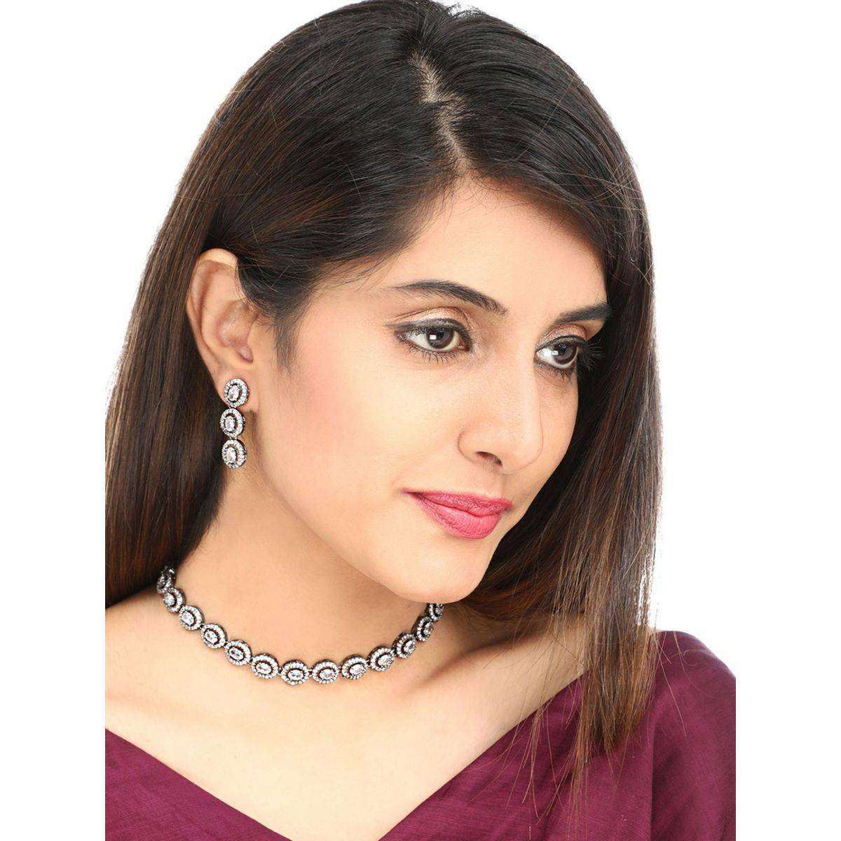 Yellow Chimes Rhodium-Plated Black And White Ad-Studded Handcrafted Jewellery (Set of 2)