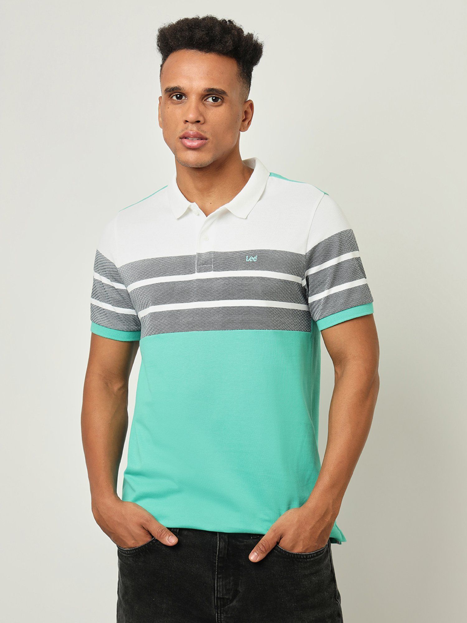 【LIDNM】Te/Ca Milled Light Polo Buy Lee Mens Colorblock Green Polo T-Shirt (Slim) Online