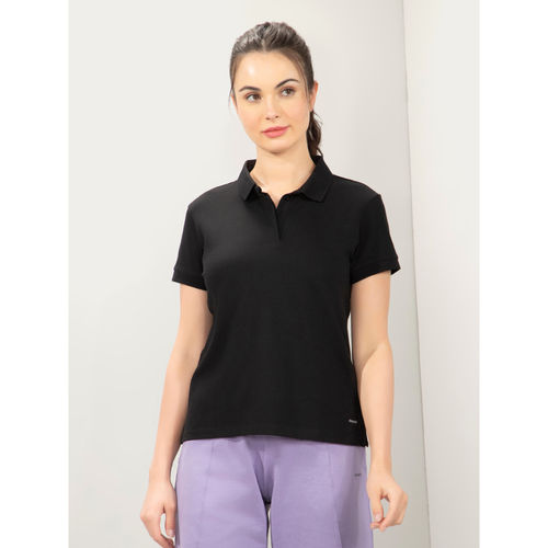 Buy Amante Women Collar Neck Straight Fit Solid Polo T-Shirt-Black