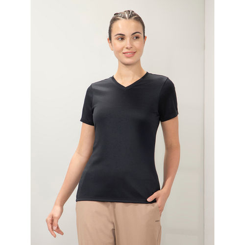 Amante Women Dry Relaxed Fit Solid Energize Active V Neck T-shirt-Black (S)