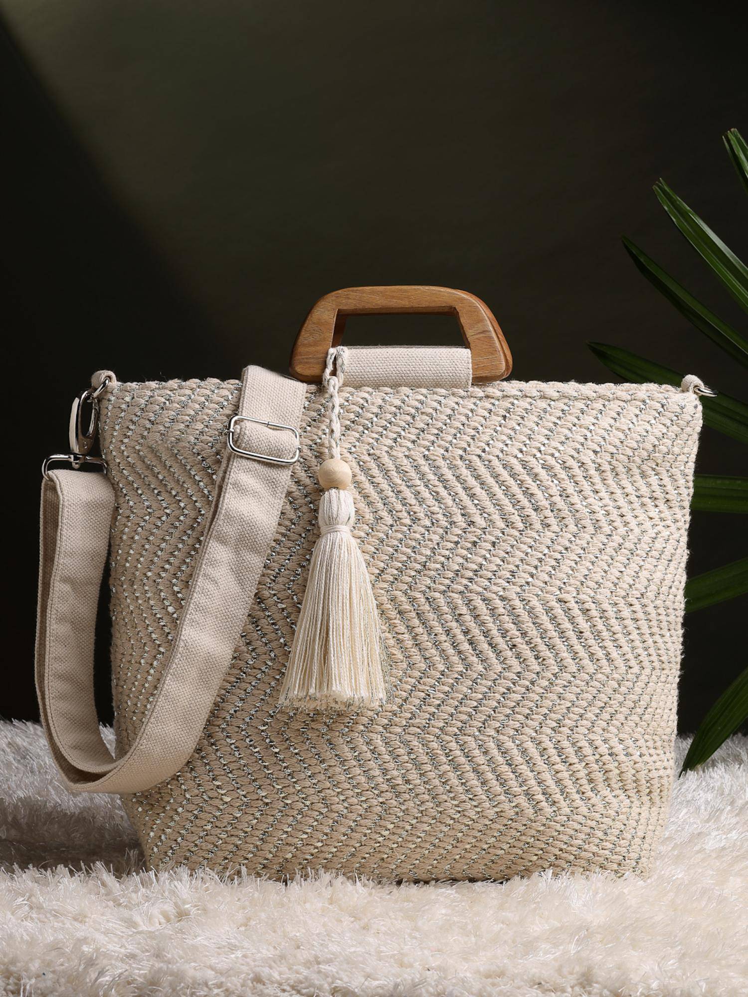 Anekaant Women Off White Cotton Handbag with Detachable Strap
