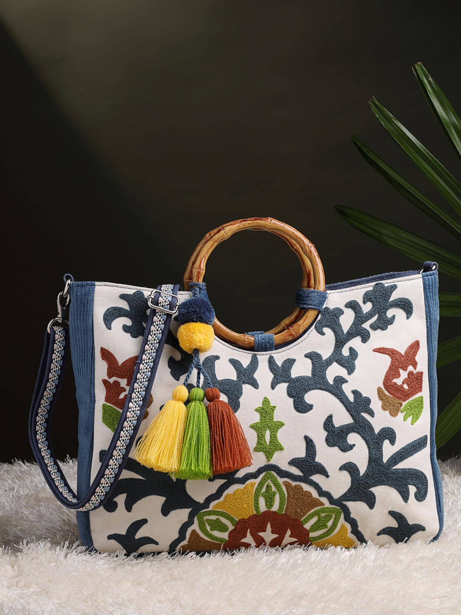 Anekaant Women Off White Canvas Handbag with Detachable Strap