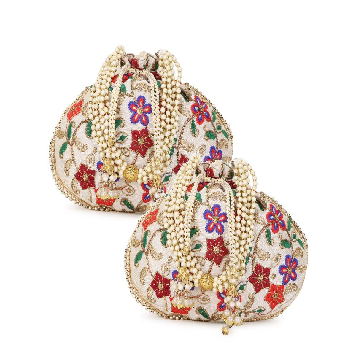 Anekaant Dangle Cream & Multi-Color Floral Embroidered Faux Silk Potlis Combo (Pack Of 2)