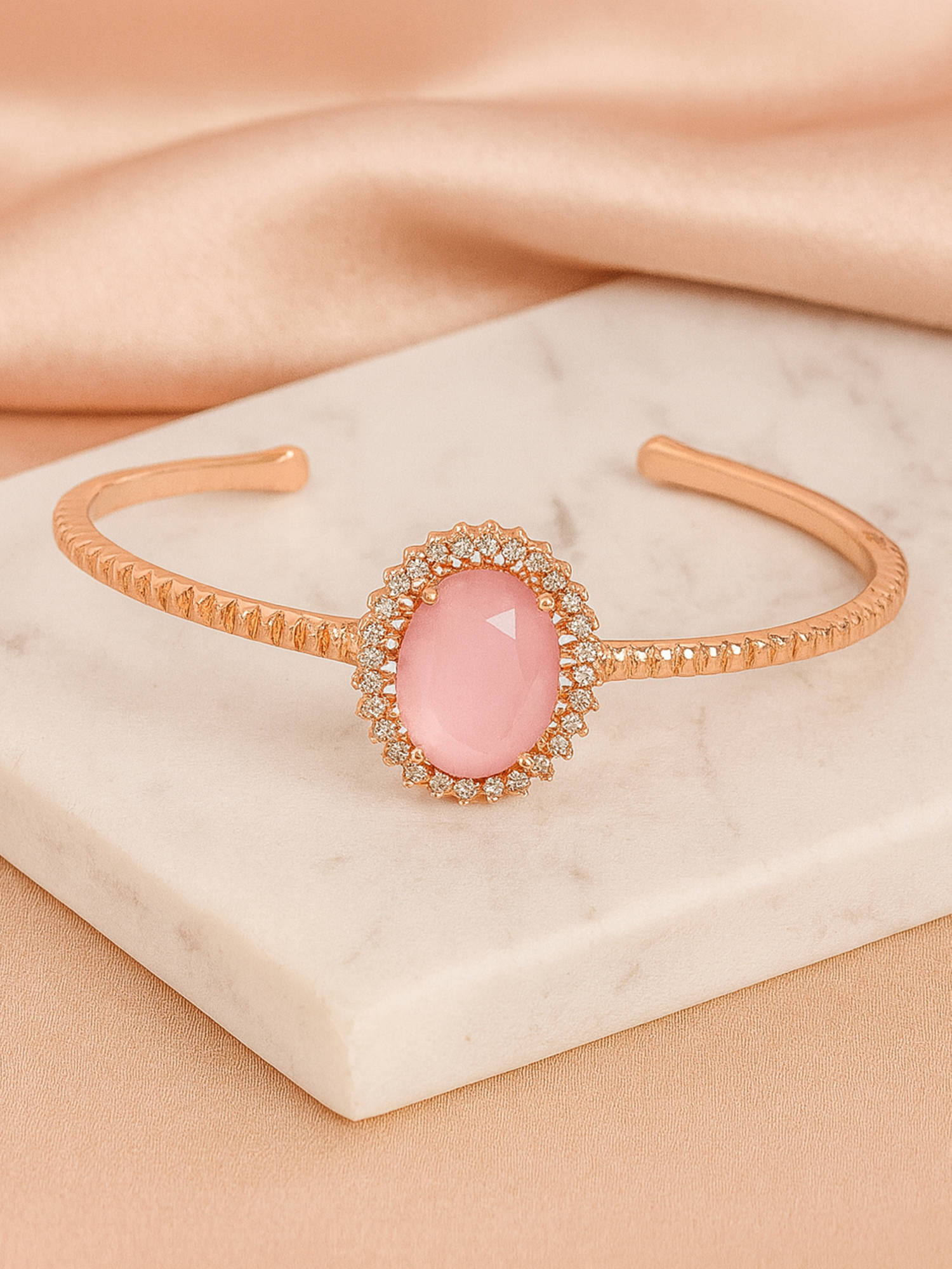 Estele Sparkling Mint Pink Oval AD Cuff Kada - Rose gold Jewellery