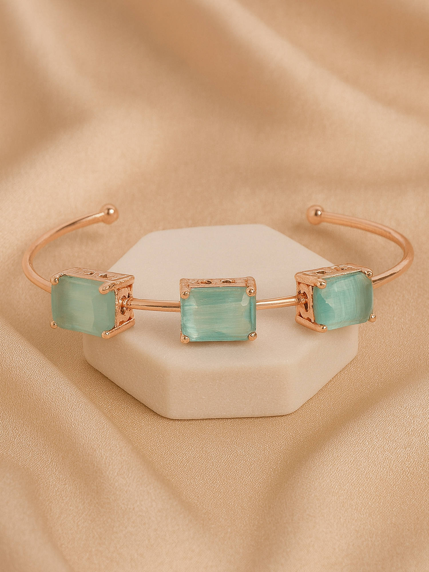 Estele Rose gold Triple-Stone AD Cuff Kada - Mint Green Jewellery